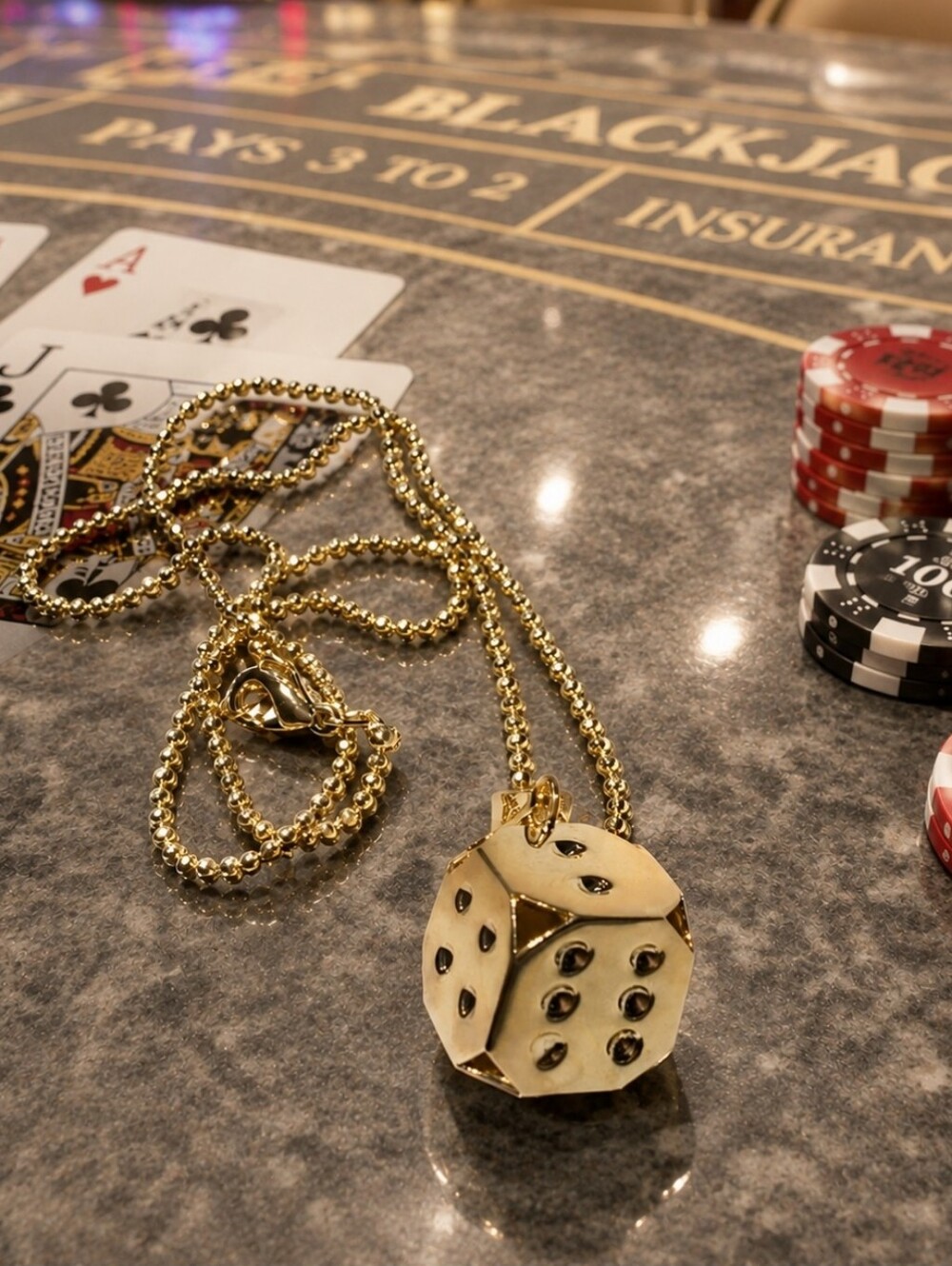 DICE 3D Lucky Las Vegas Gambling Gambler Casino Necklace Heavy Gold Plated NWOT